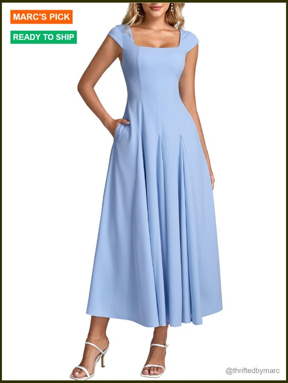 Corset Midi Dress Square Neck A-Line Flowy Wedding Guest Dress with Pockets - Picture 6 of 6